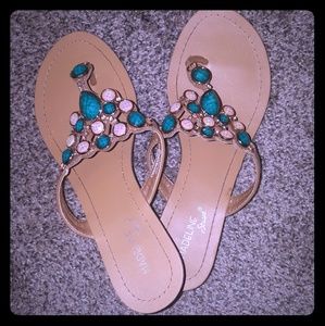 Turquoise and pearl rhinestone flip flop sandals